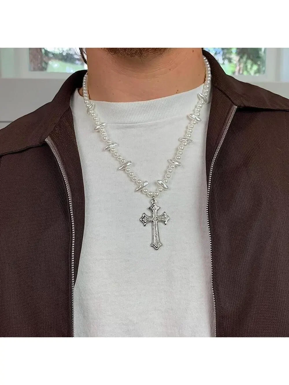 Cyber Grunge y2k Style Pearl Necklace with Gothic Silver Cross. 18-21 inches